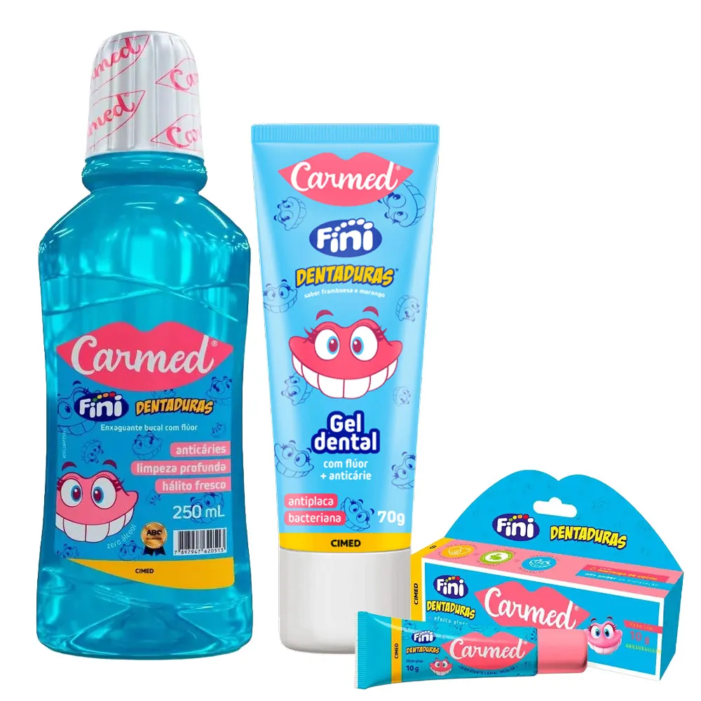 0e38cb650e677b1fa41212de79af8776.webp Kit Higiene Bucal Carmed Fini Dentaduras Cimed — Gel Dental 70G + Hidratante Labial 10G + Enxaguante 250Ml - Imagem 1